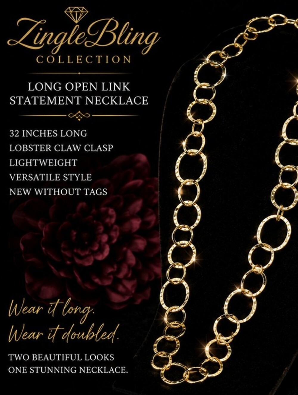 Gold Tone Hammered Open Link 32 Inch Long Statement Necklace NWT